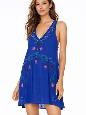 Free People Adelaide Festival Slip Dress Cobalt Blue LARGE Boho Chic Flowy EUC